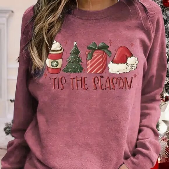 Sweaters - XXL (14) Christmas Tis the Season Print Sweatshirt, Casual Long Sleeve Crew Neck
